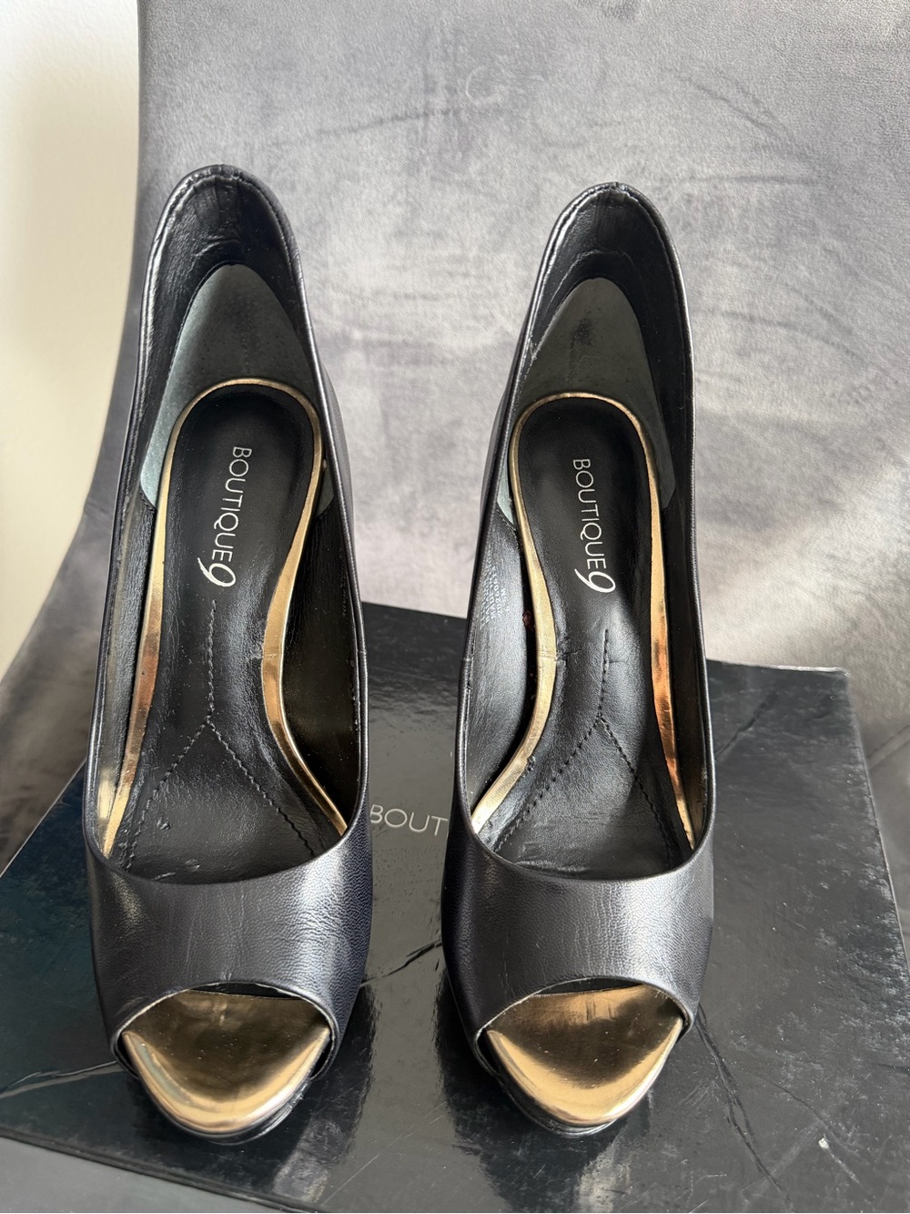 Boutique 9 Black Peep-Toe Pumps with Gold Accents